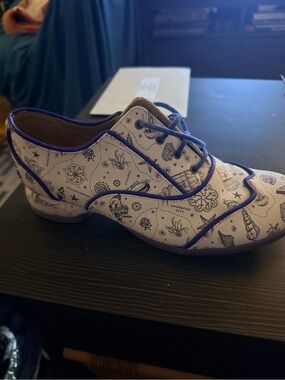John Fluevog White and Blue Printed Women's Oxford Loafers